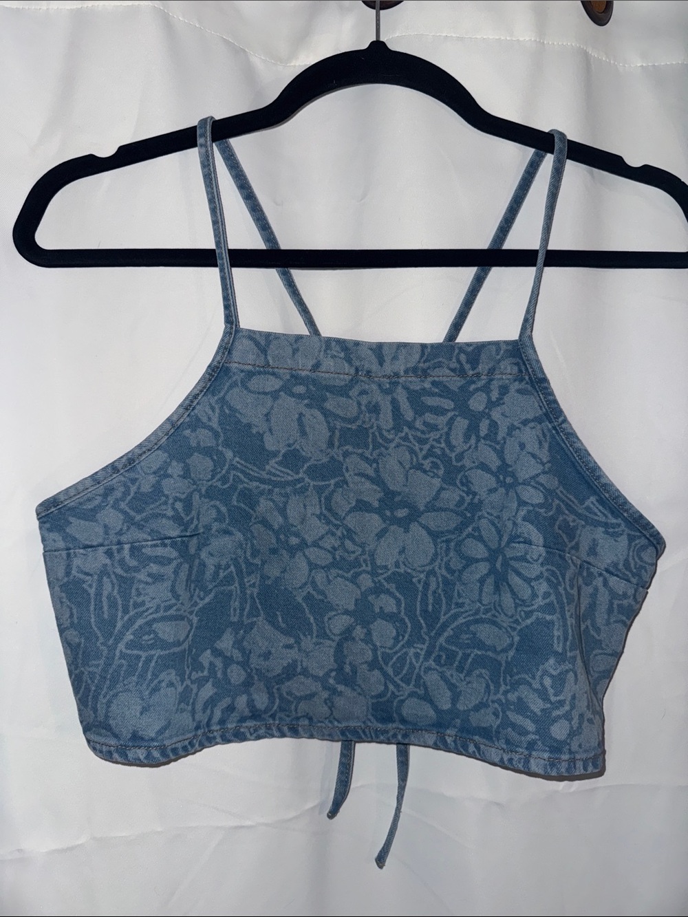 H&M Denim Blue Hawaiian Floral Y2K Halter Crop Top Large